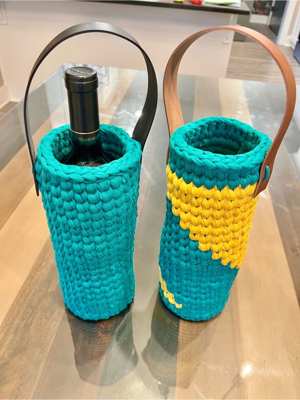 Handmade Teal and Yellow Woven Bottle Carrier with Leather Handle